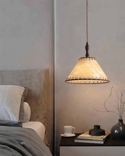 Wood and Fabric Pendant Lamp - Rustic Hanging Light Fixture for Dining Room & Kitchen Decor