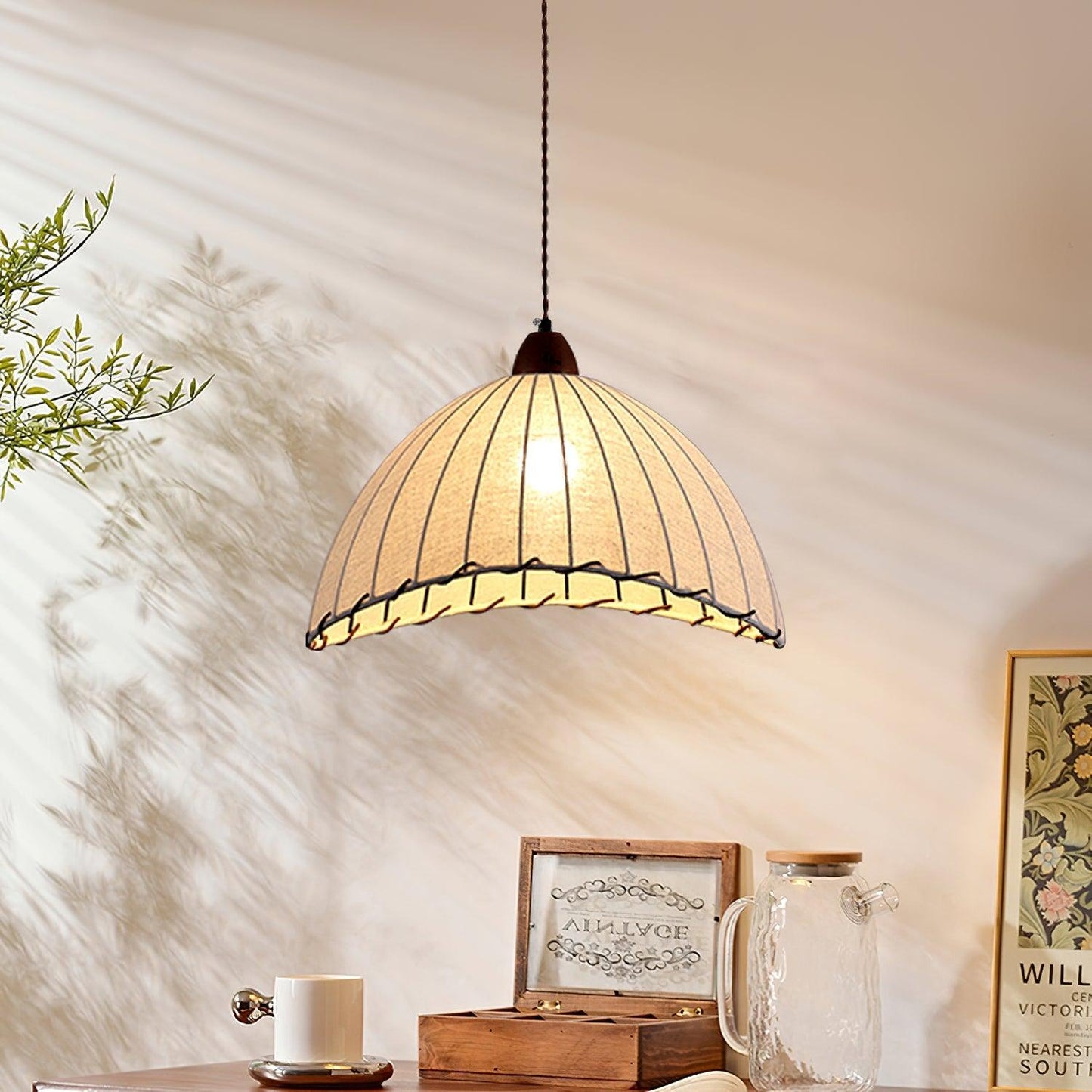 Wood and Fabric Pendant Lamp - Rustic Hanging Light Fixture for Dining Room & Kitchen Decor