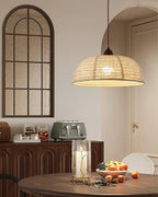 Wood and Fabric Pendant Lamp - Rustic Hanging Light Fixture for Dining Room & Kitchen Decor