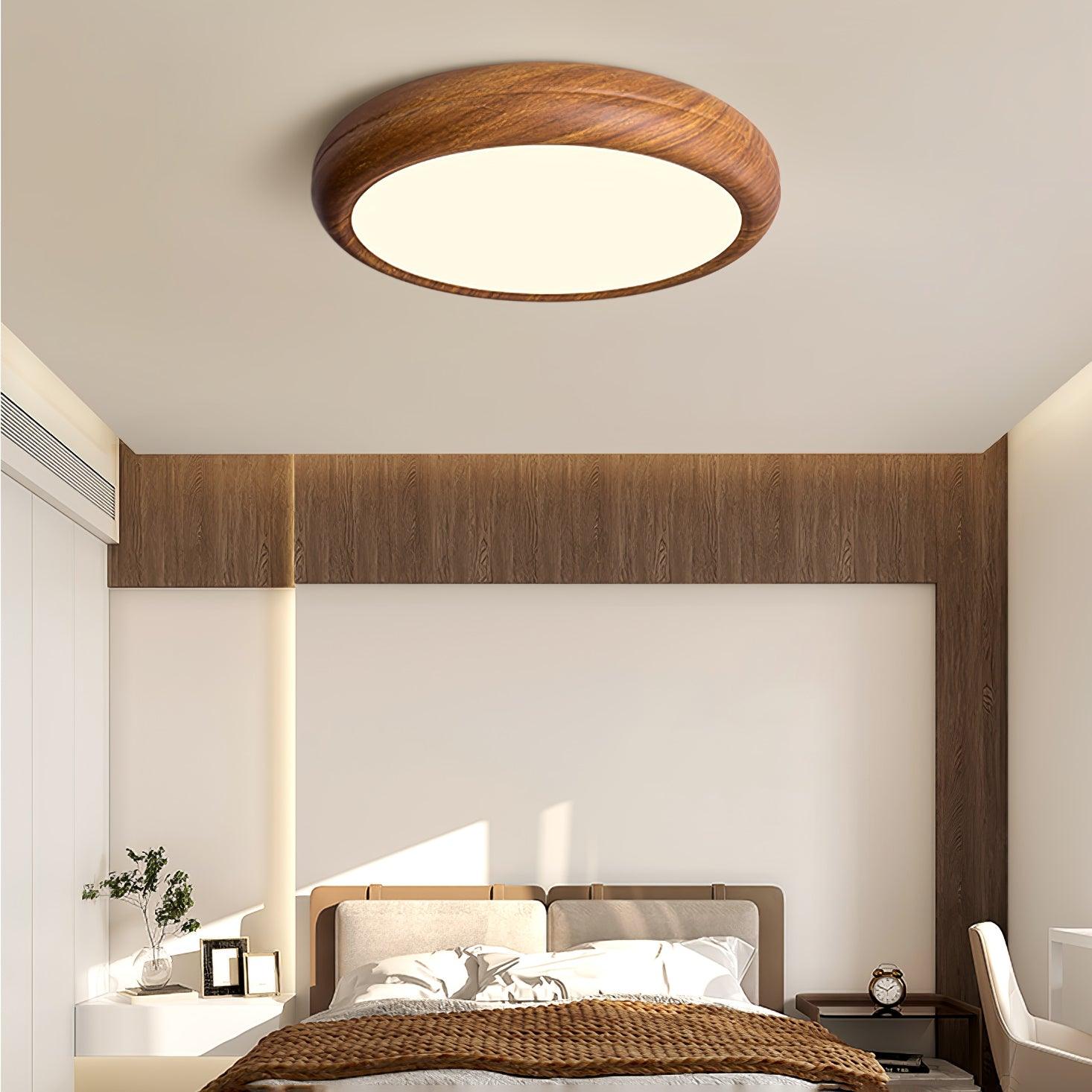 Wood Grain Round Ceiling Light Fixture - Modern LED Design for Living Room & Bedroom Illumination
