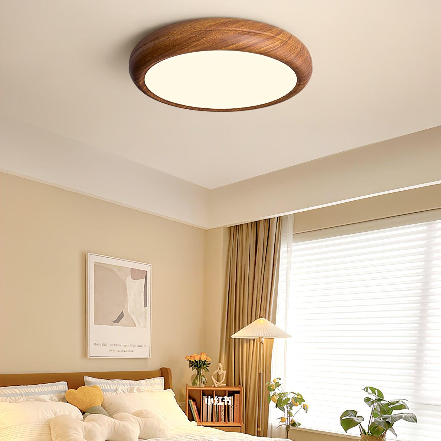Wood Grain Round Ceiling Light Fixture - Modern LED Design for Living Room & Bedroom Illumination