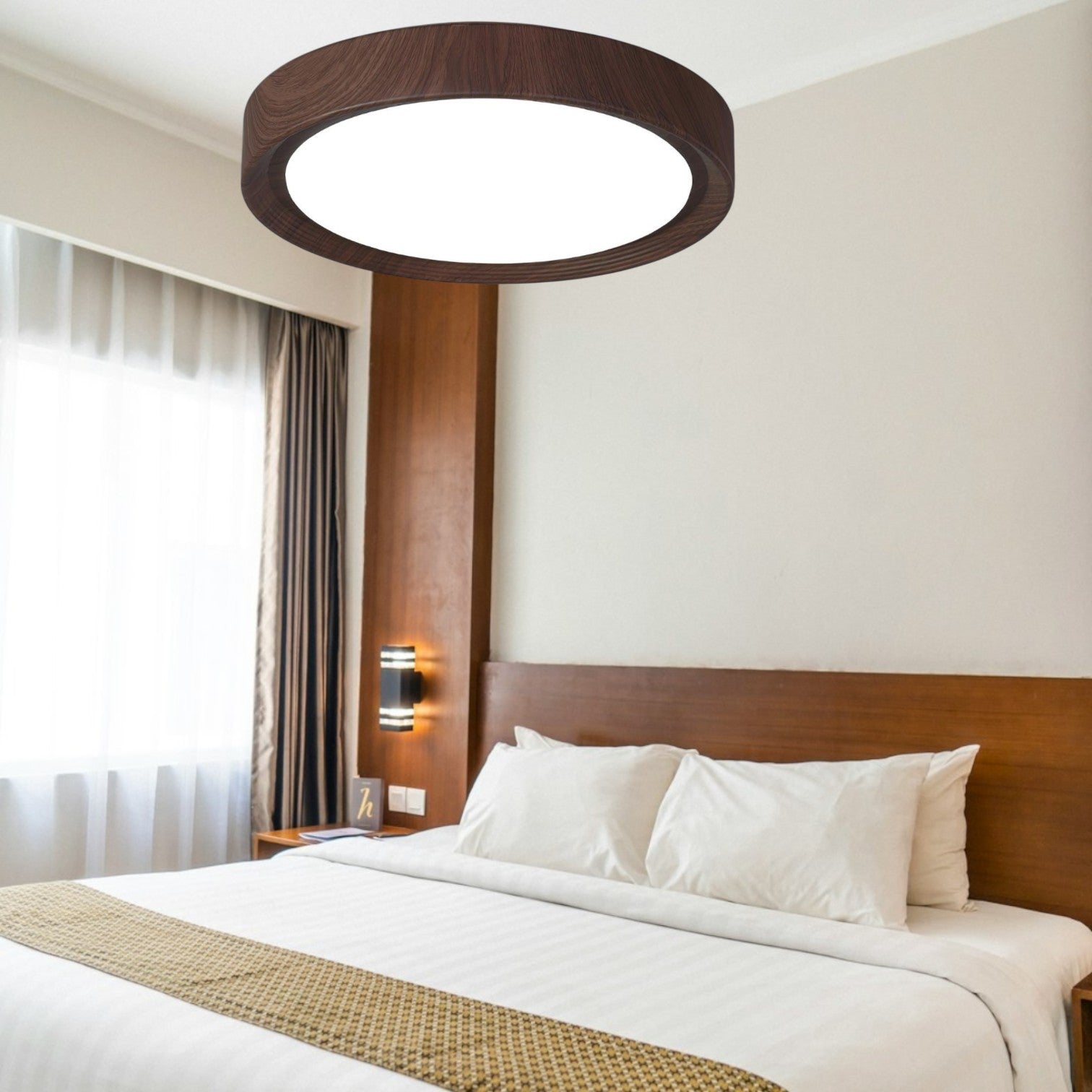Wood Grain Round Ceiling Light Fixture - Modern LED Design for Living Room & Bedroom Illumination