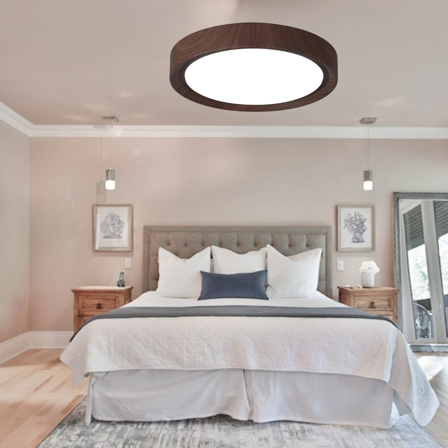 Wood Grain Round Ceiling Light Fixture - Modern LED Design for Living Room & Bedroom Illumination