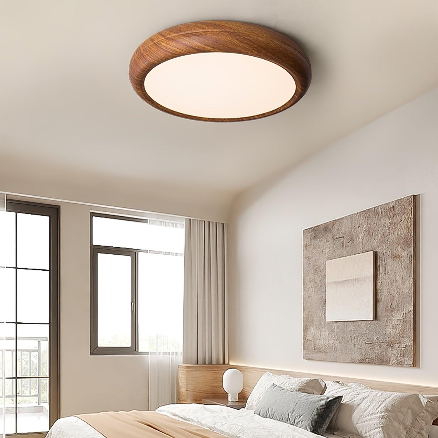 Wood Grain Round Ceiling Light Fixture - Modern LED Design for Living Room & Bedroom Illumination