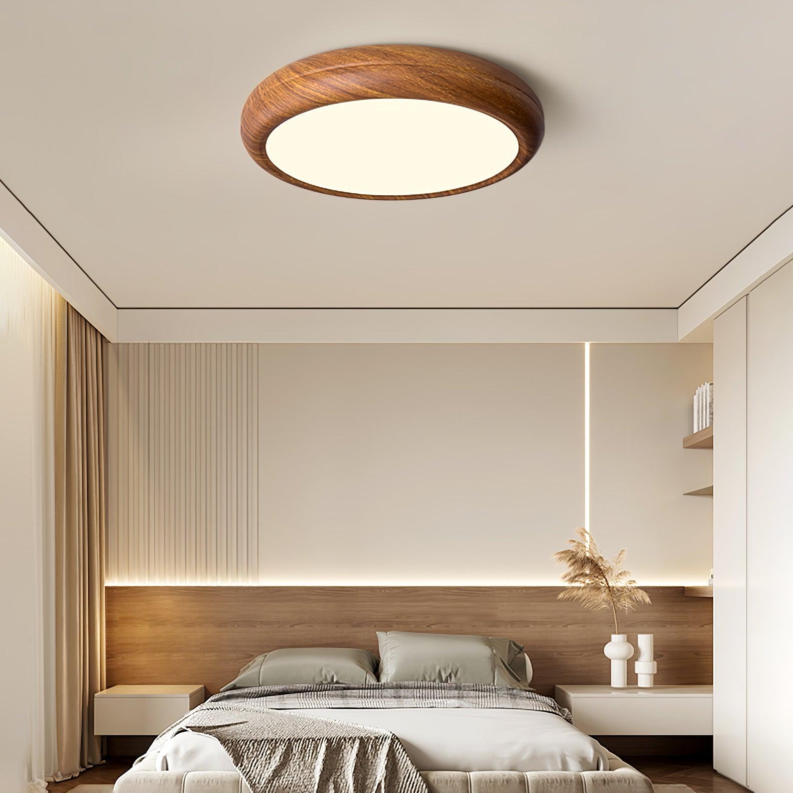 Wood Grain Round Ceiling Light Fixture - Modern LED Design for Living Room & Bedroom Illumination