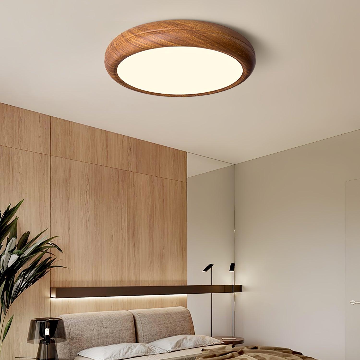 Wood Grain Round Ceiling Light Fixture - Modern LED Design for Living Room & Bedroom Illumination
