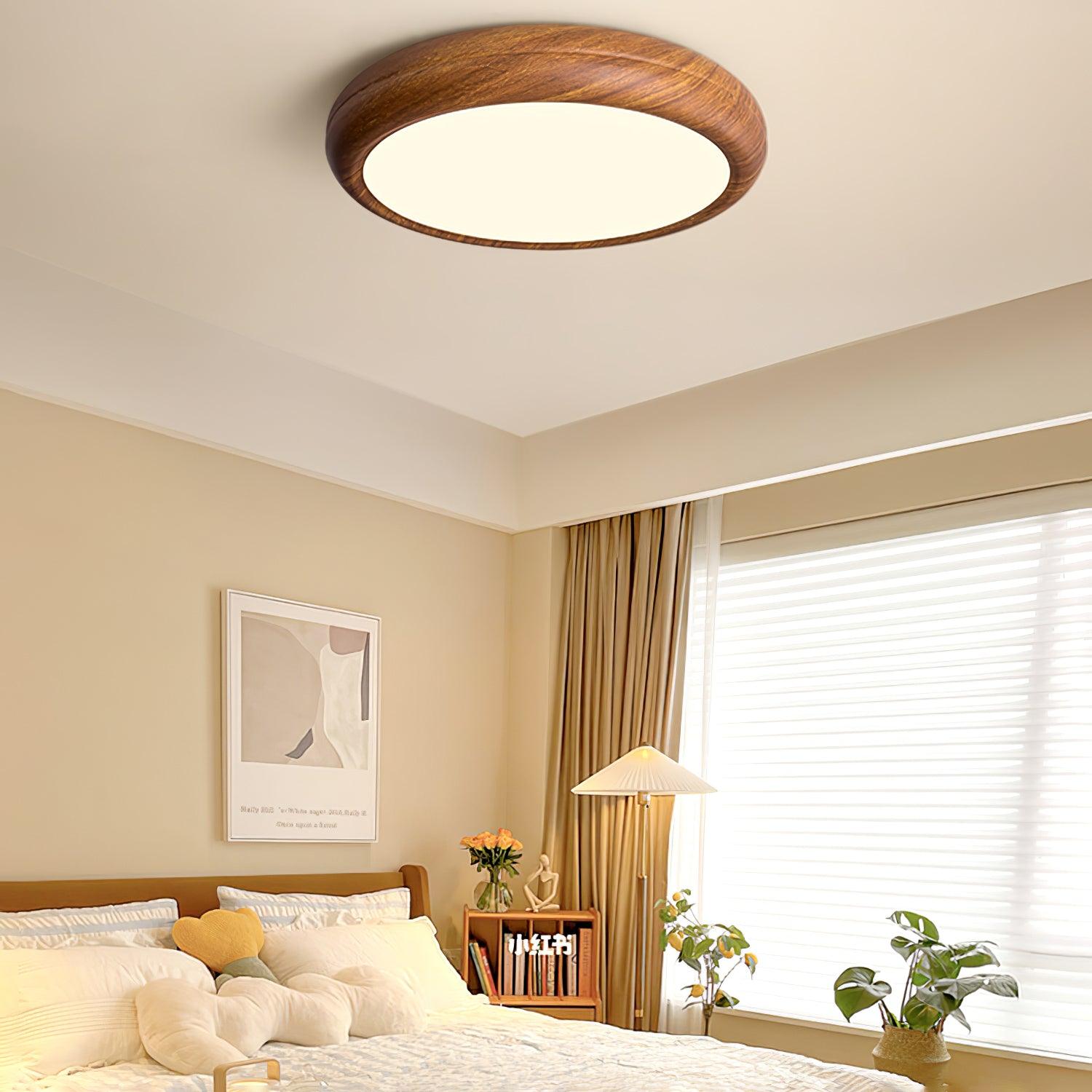 Wood Grain Round Ceiling Light Fixture - Modern LED Design for Living Room & Bedroom Illumination