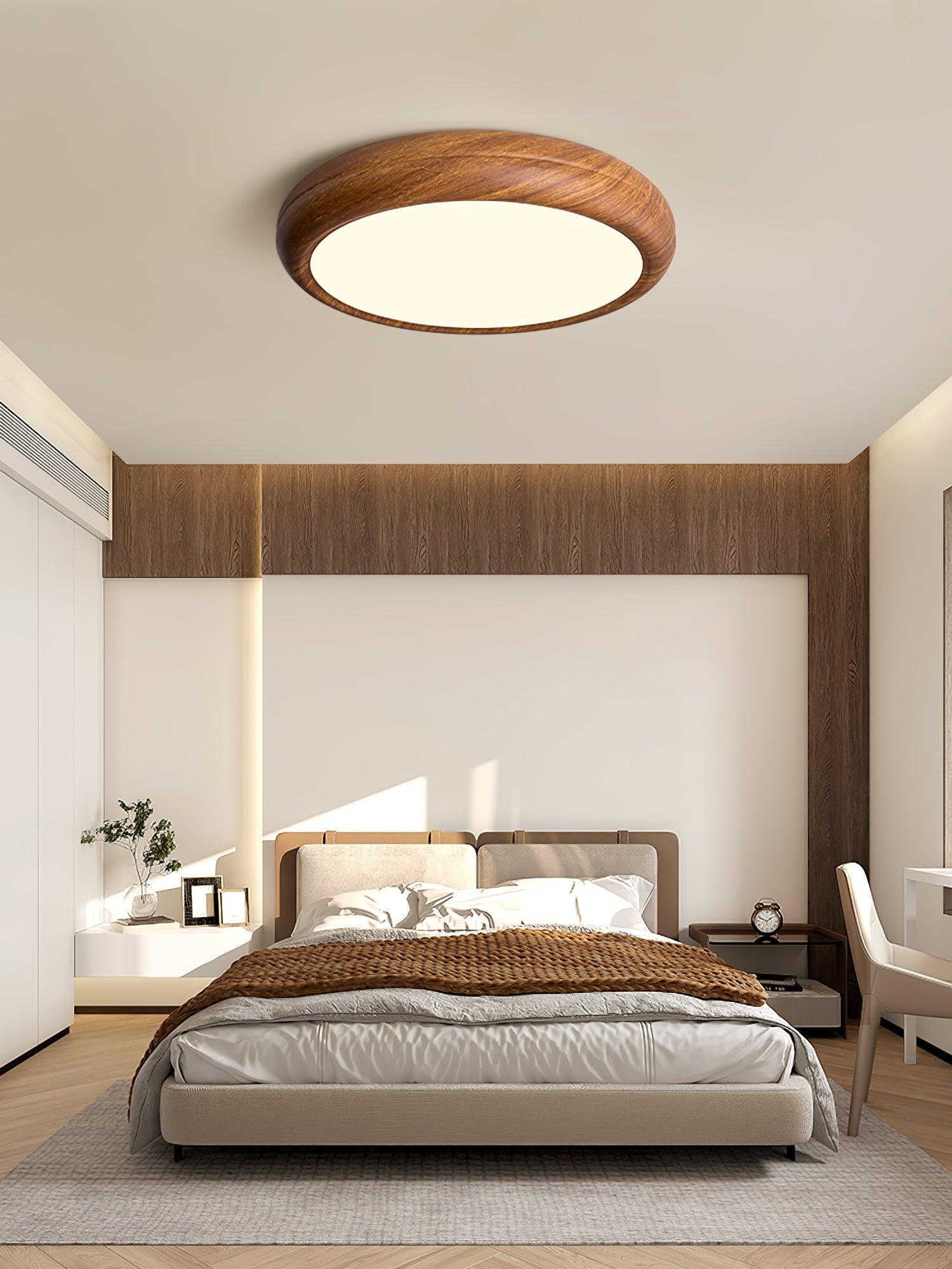 Wood Grain Round Ceiling Light Fixture - Modern LED Design for Living Room & Bedroom Illumination