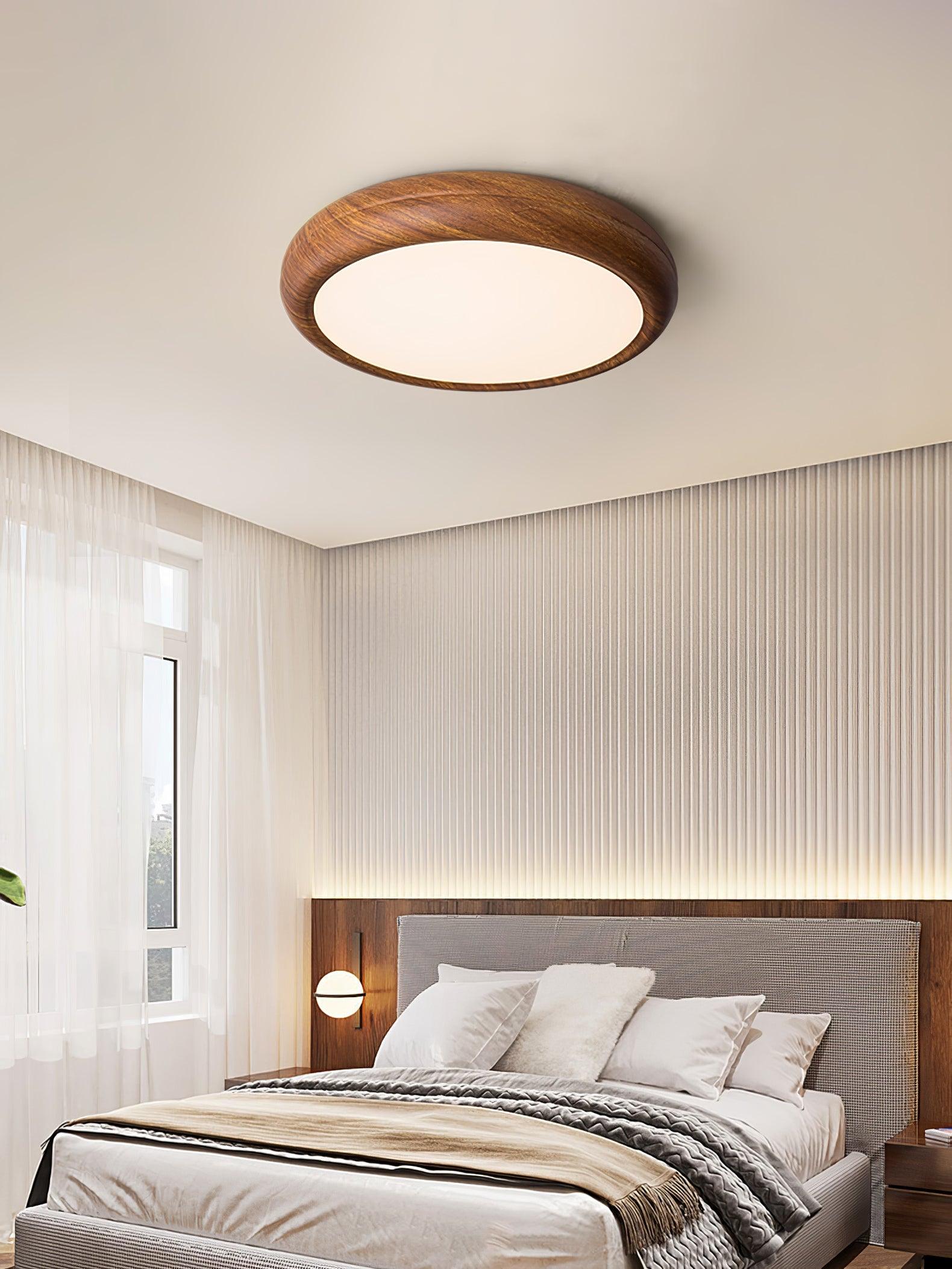 Wood Grain Round Ceiling Light Fixture - Modern LED Design for Living Room & Bedroom Illumination