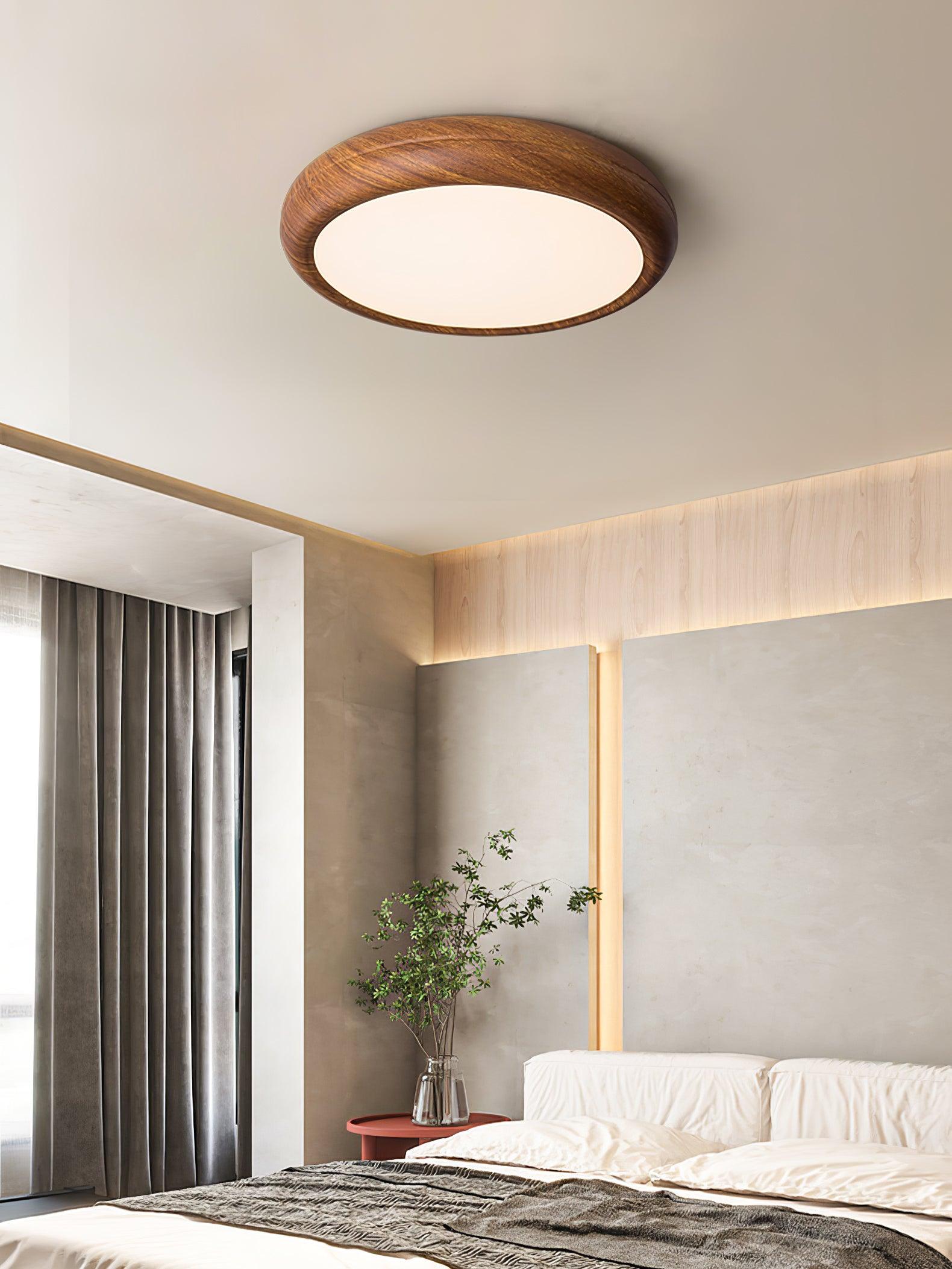 Wood Grain Round Ceiling Light Fixture - Modern LED Design for Living Room & Bedroom Illumination