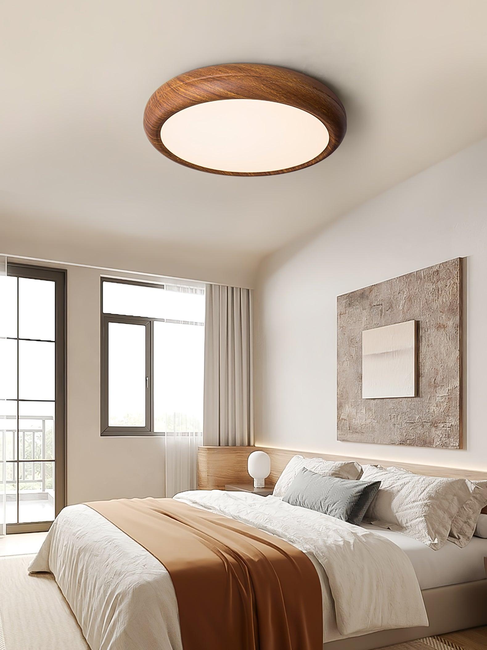 Wood Grain Round Ceiling Light Fixture - Modern LED Design for Living Room & Bedroom Illumination
