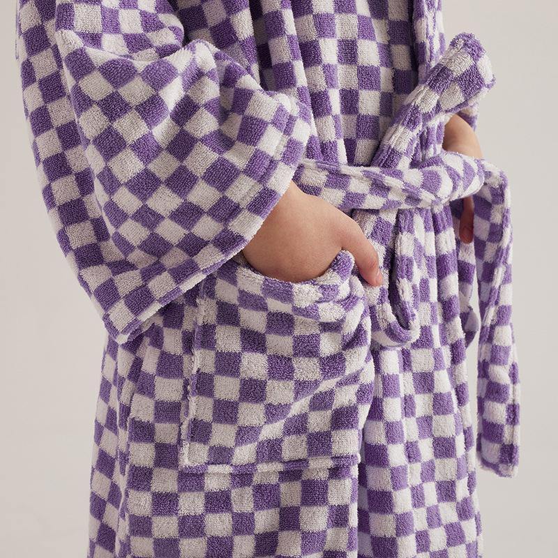Unisex Checkerboard Bathrobe - Soft Cotton Robe for Adults, Perfect for Home & Spa Use
