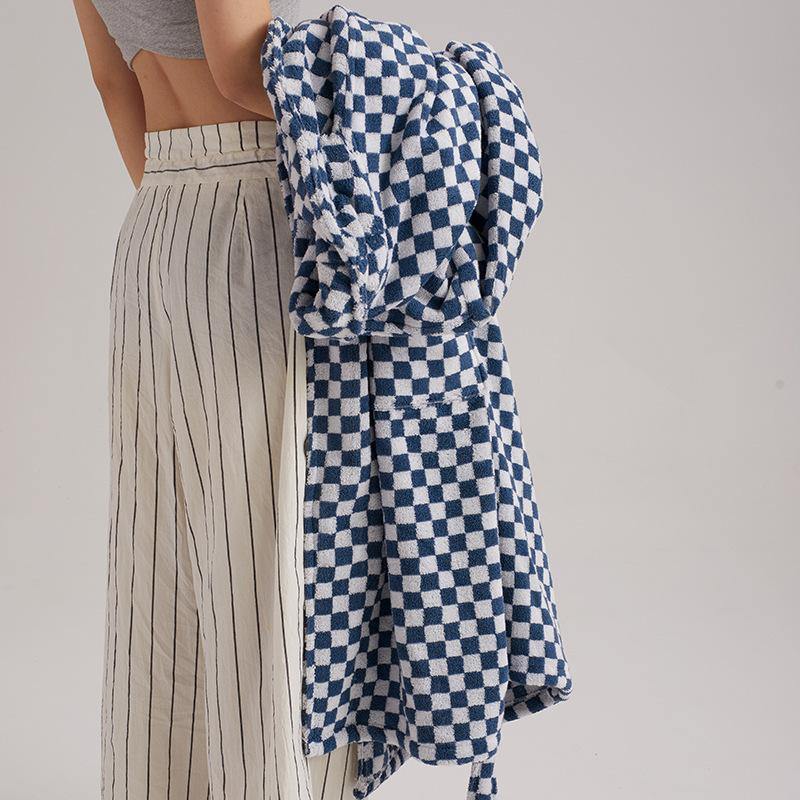 Unisex Checkerboard Bathrobe - Soft Cotton Robe for Adults, Perfect for Home & Spa Use