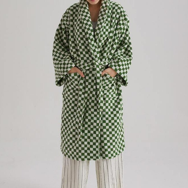 Unisex Checkerboard Bathrobe - Soft Cotton Robe for Adults, Perfect for Home & Spa Use