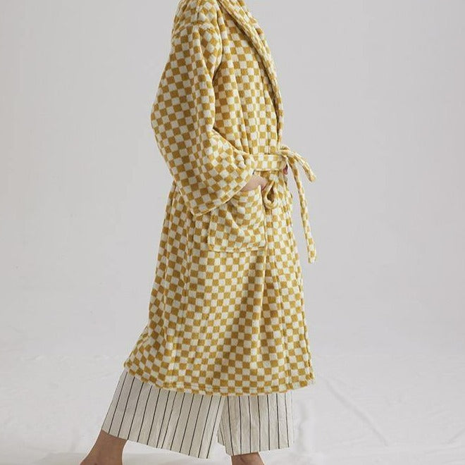 Unisex Checkerboard Bathrobe - Soft Cotton Robe for Adults, Perfect for Home & Spa Use