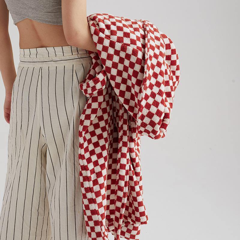 Unisex Checkerboard Bathrobe - Soft Cotton Robe for Adults, Perfect for Home & Spa Use