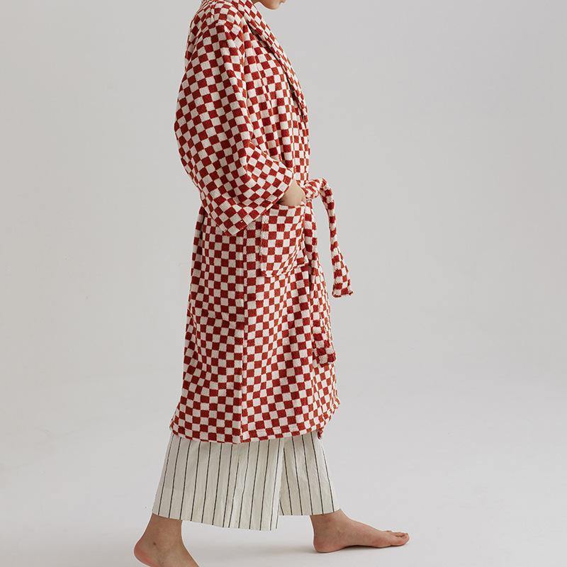 Unisex Checkerboard Bathrobe - Soft Cotton Robe for Adults, Perfect for Home & Spa Use