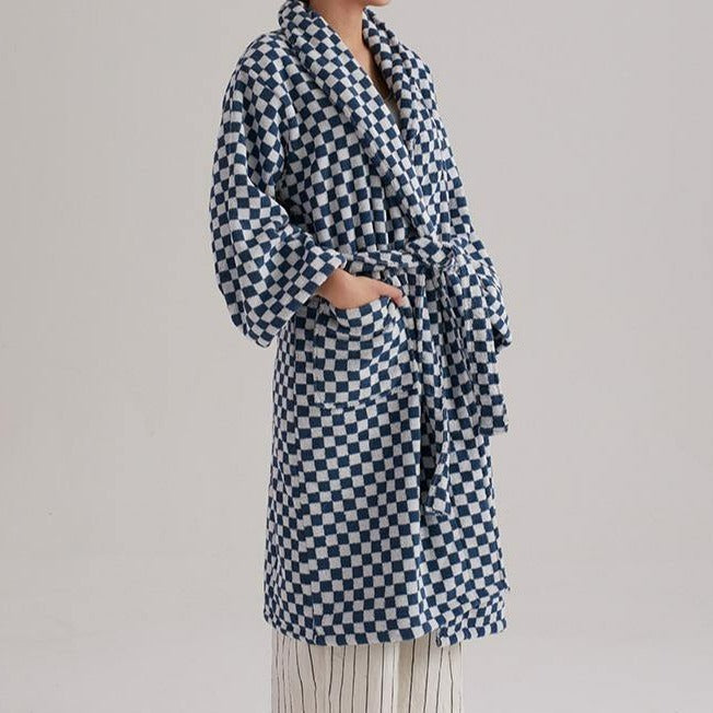 Unisex Checkerboard Bathrobe - Soft Cotton Robe for Adults, Perfect for Home & Spa Use