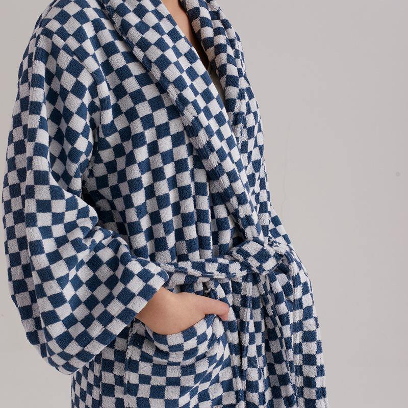 Unisex Checkerboard Bathrobe - Soft Cotton Robe for Adults, Perfect for Home & Spa Use