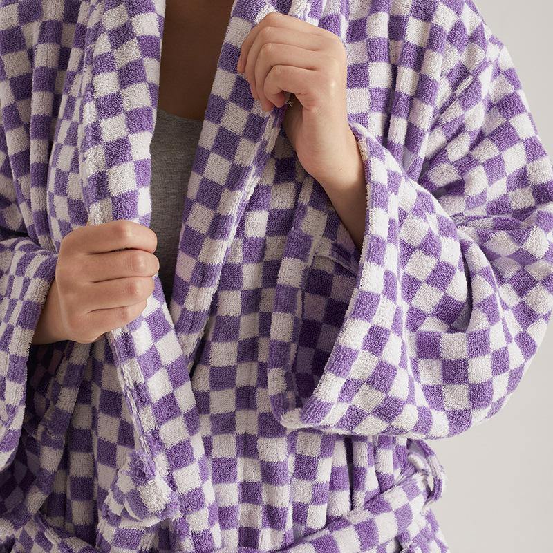 Unisex Checkerboard Bathrobe - Soft Cotton Robe for Adults, Perfect for Home & Spa Use
