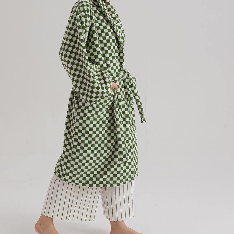 Unisex Checkerboard Bathrobe - Soft Cotton Robe for Adults, Perfect for Home & Spa Use