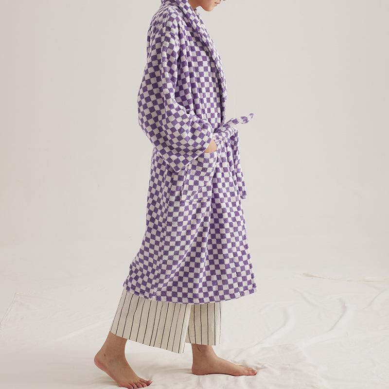 Unisex Checkerboard Bathrobe - Soft Cotton Robe for Adults, Perfect for Home & Spa Use