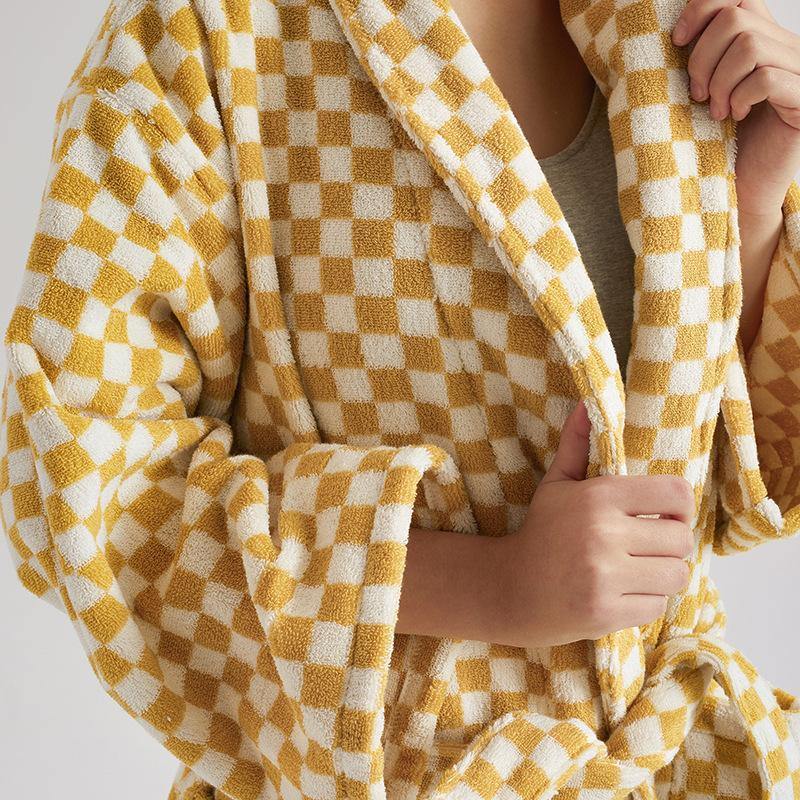 Unisex Checkerboard Bathrobe - Soft Cotton Robe for Adults, Perfect for Home & Spa Use