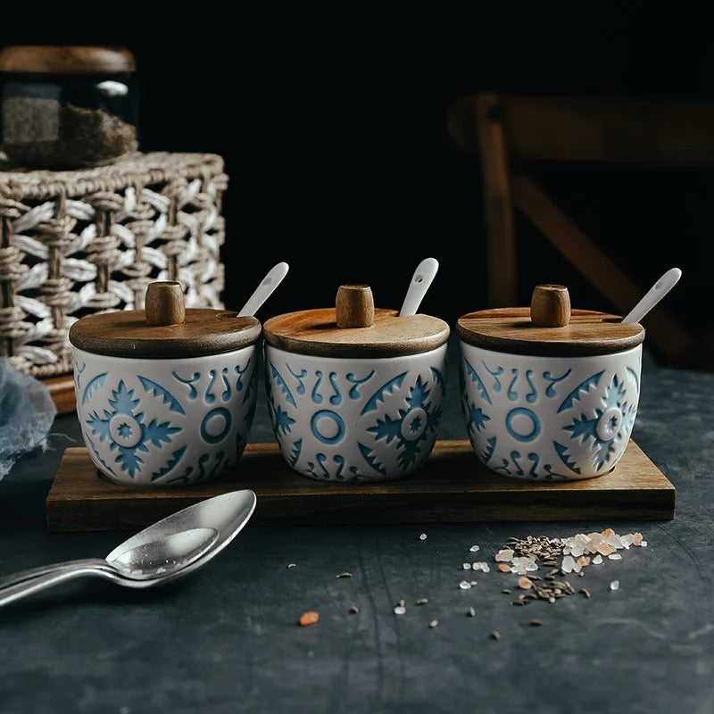 Provence Ceramic Spice Jar Set with Lids - Kitchen Storage Containers for Seasoning & Herbs