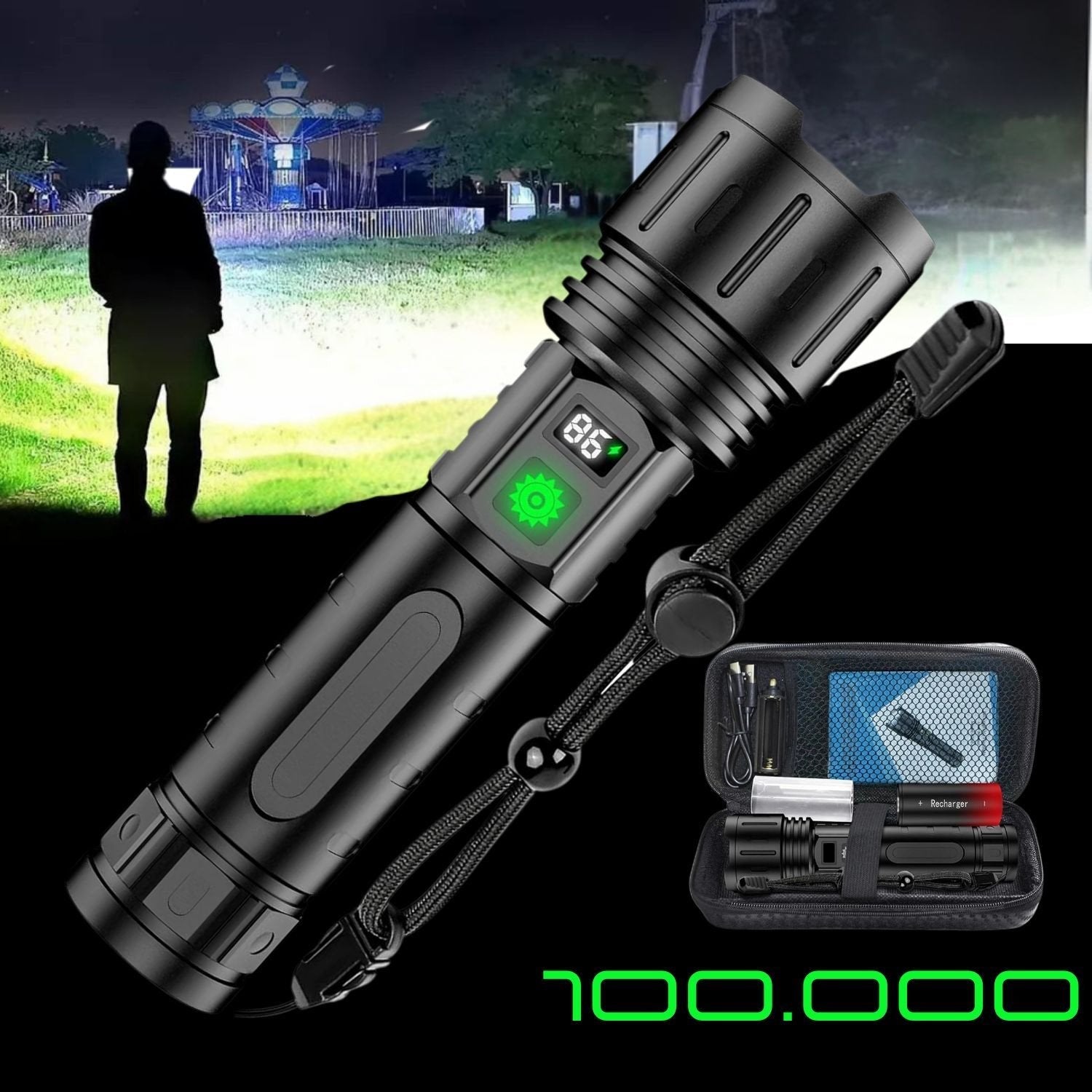 100,000 Lumens Tactical Flashlight | Waterproof, Rechargeable & Ideal for Outdoor Adventures and Emergency Situations
