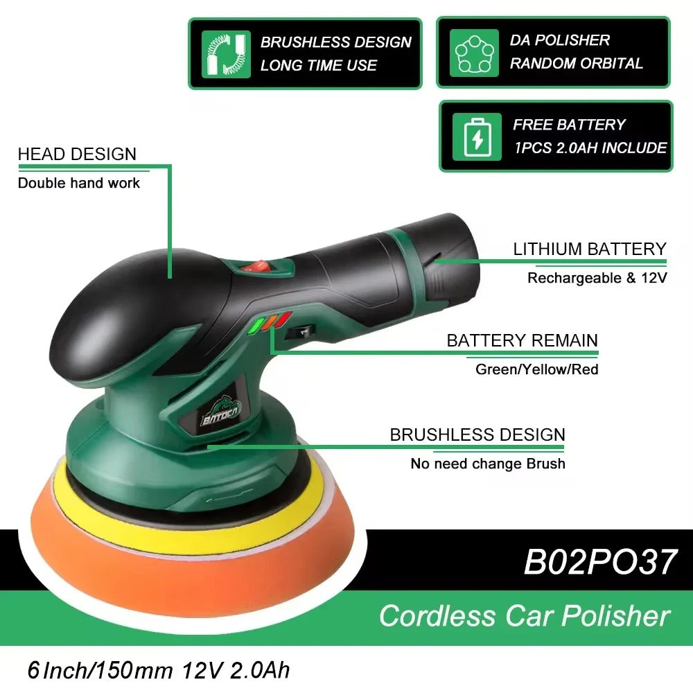 Cordless 12V Dual Action Car Polisher | Adjustable Speed, Wireless Operation & Ideal for Car, Motorcycle, and Boat Detailing