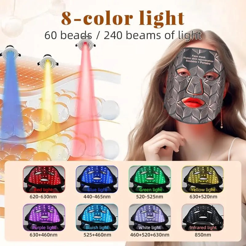 Infrared LED Facial Mask | Flexible Silicone Design with 8 Color Modes for Skin Rejuvenation & Anti-Aging Treatment at Home