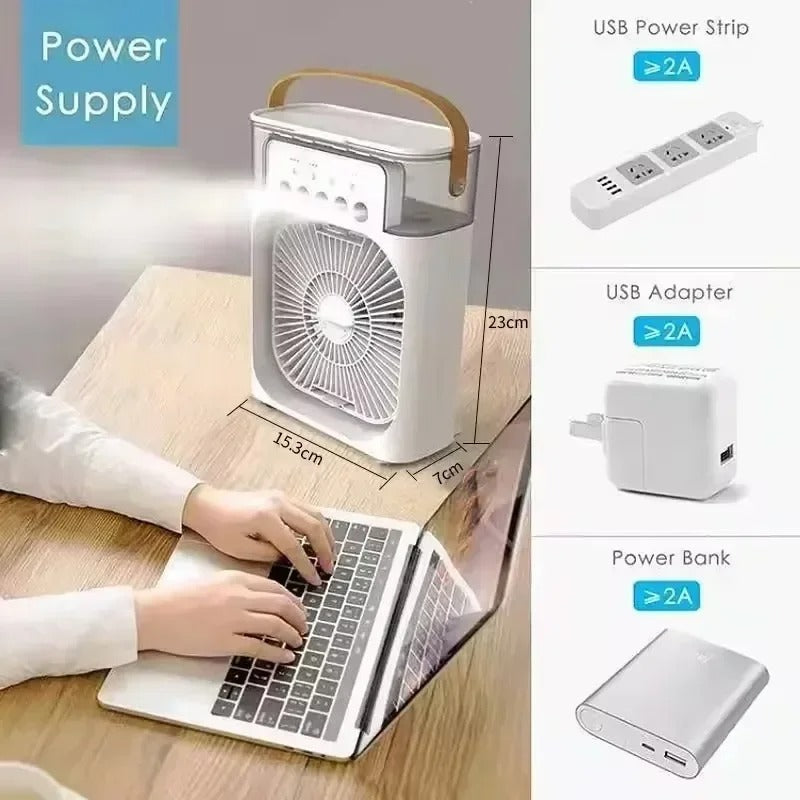 Portable 3-in-1 Air Cooler Fan | Ice Water Humidifier with 7-Color Light & 500mL Tank for Room, Desk & Camping