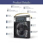 Portable 3-in-1 Air Cooler Fan | Ice Water Humidifier with 7-Color Light & 500mL Tank for Room, Desk & Camping