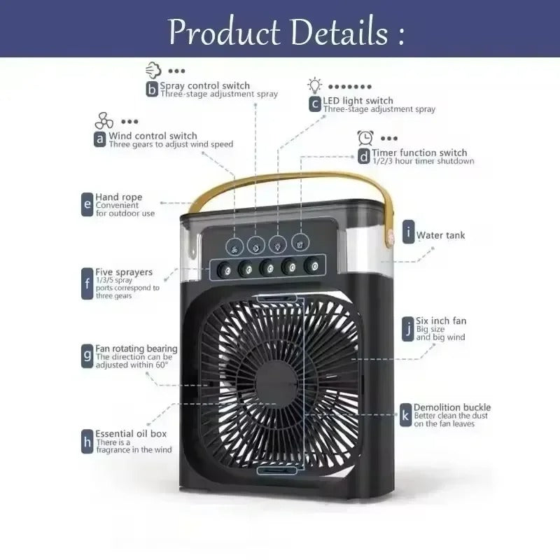 Portable 3-in-1 Air Cooler Fan | Ice Water Humidifier with 7-Color Light & 500mL Tank for Room, Desk & Camping