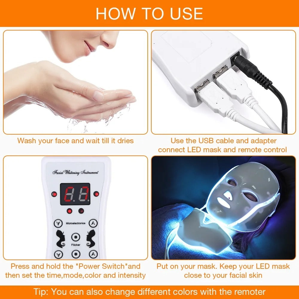 LED Face & Neck Rejuvenation Mask | 7-Color Phototherapy for Wrinkles, Acne & Youthful Skin