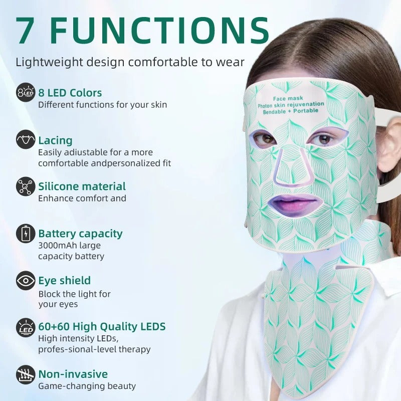 Infrared LED Facial Mask | Flexible Silicone Design with 8 Color Modes for Skin Rejuvenation & Anti-Aging Treatment at Home