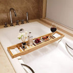 Bamboo Bathtub Tray with Adjustable Sides for Relaxing Spa Experience and Bath Accessories Storage