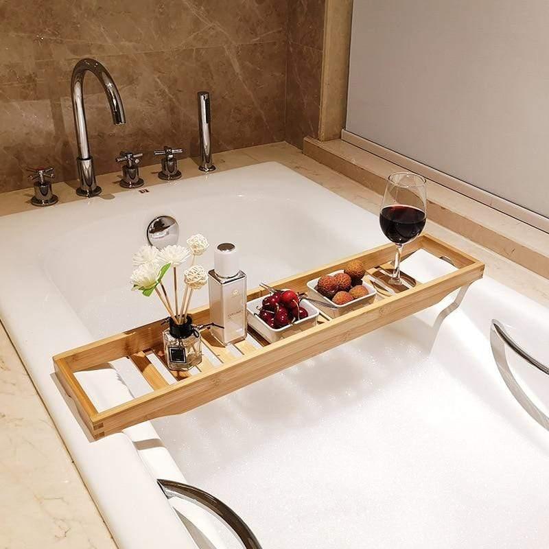 Bamboo Bathtub Tray with Adjustable Sides for Relaxing Spa Experience and Bath Accessories Storage