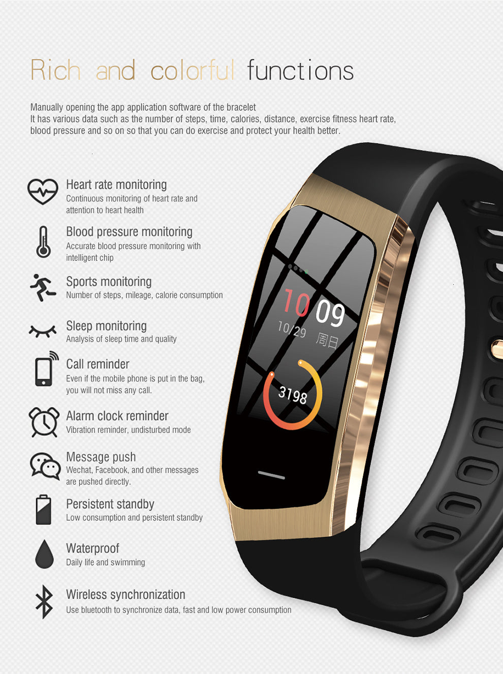 Blood Pressure Smart Watch and Heart Rate Monitor Pedometer Waterproof Tracker Smartwatch