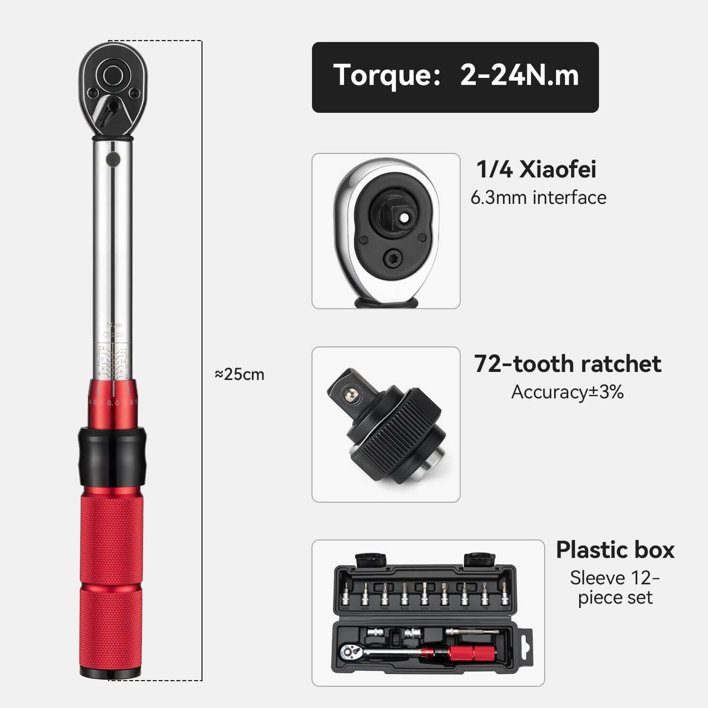 Adjustable Torque Wrench Set | 72-Tooth, 2-24 Nm Precision for Bicycle, Motorcycle & E-Scooter Maintenance