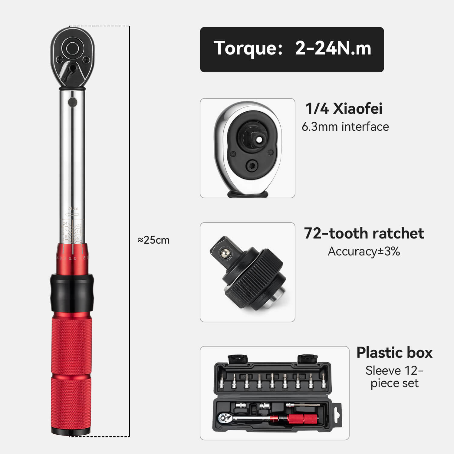 Adjustable Torque Wrench Set | 72-Tooth, 2-24 Nm Precision for Bicycle, Motorcycle & E-Scooter Maintenance