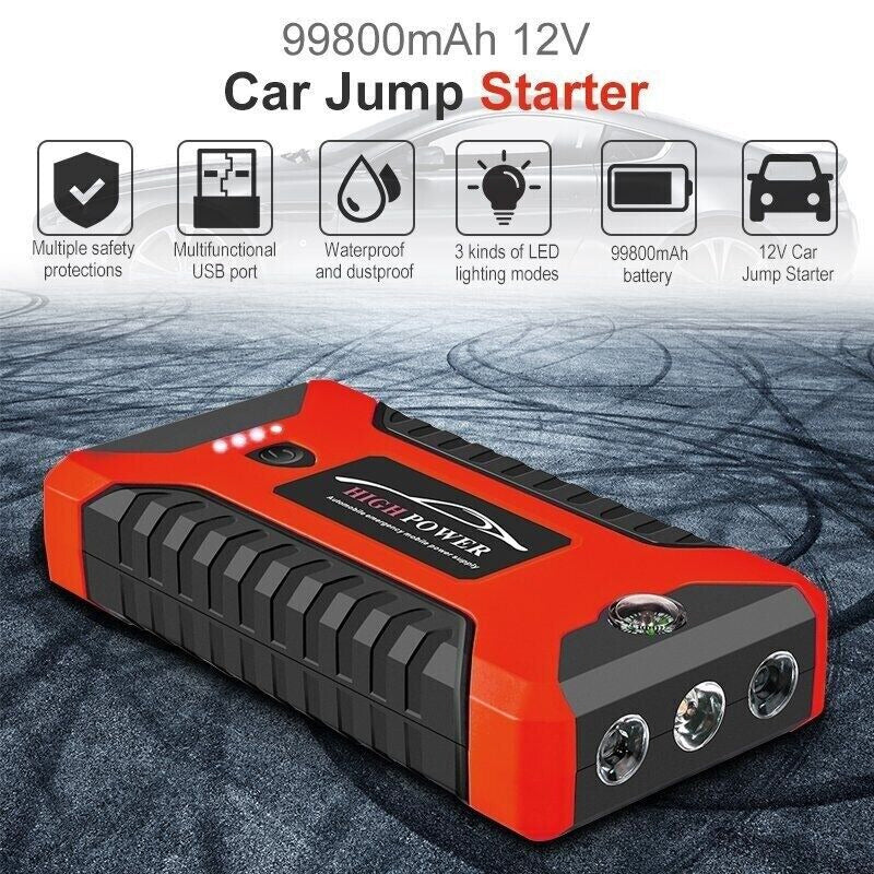 99800mAh Portable Car Jump Starter | Waterproof, Fast Charging & Ideal for 12V Vehicles and Outdoor Use