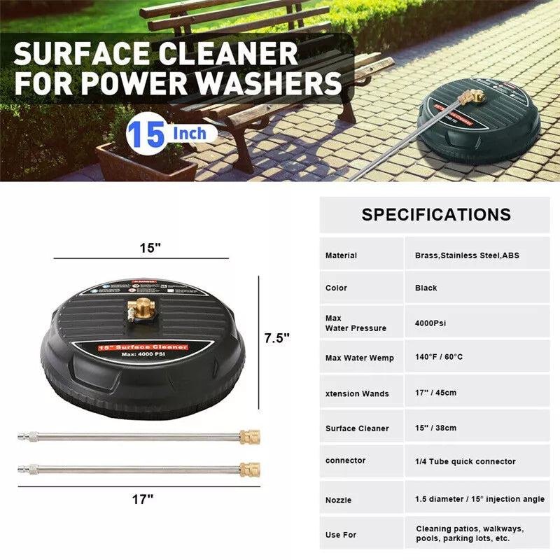 15-Inch Pressure Washer Surface Cleaner | 4000 PSI Jet Stream & 3mm Bristles for Efficient Outdoor Cleaning