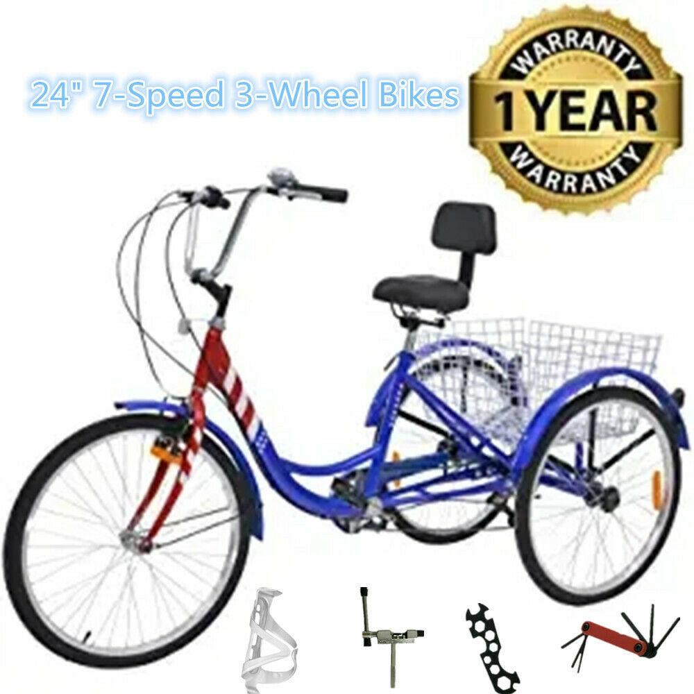24 Inch Adult Tricycle Trike 3 Wheel Bike 6 Speed Shift + Shopping Basket