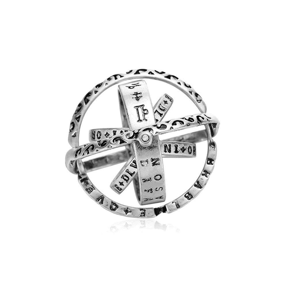 Astronomical Sterling Silver Vintage Armillary Sphere Foldable Zodiac Ring, 7 / Vintage Silver