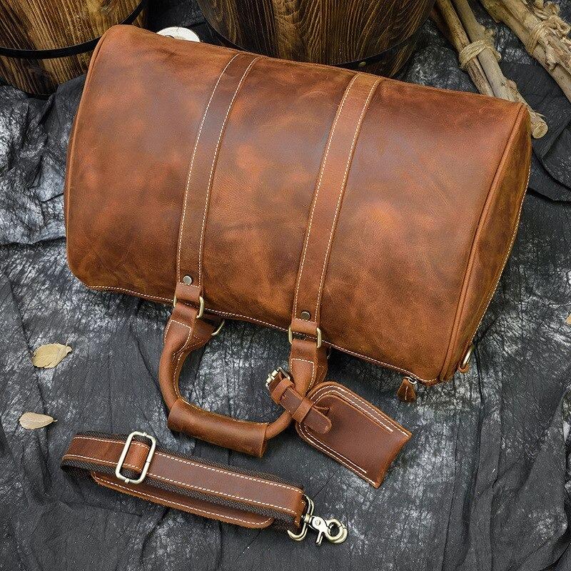 Mens weekend Bag Vintage Crazy Horse Genuine Leather Mens Travel Duffel Bag