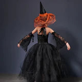 Gothic Halloween Costume For Girls Tutu Dress With Flare Sleeves & Witch Hat