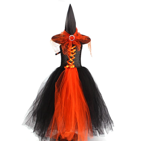 Gothic Halloween Costume For Girls Tutu Dress With Flare Sleeves & Witch Hat