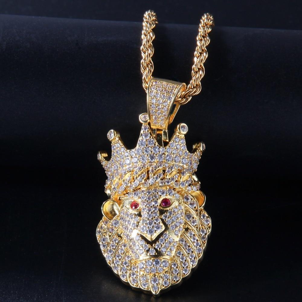 Iced Out Crown Lion Animal Pendants Necklace for Men